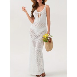 Women'S Crochet Long Dress Sleeveless V Neck Hollow Out Solid Color Dress Beach Coverups