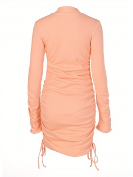 Women'S High Neck Long Sleeve Bodycon Mini Dress with Front Cutout and Side Ruching Drawstrings, Solid Color Soft Cotton Blend, Versatile & Seasonless