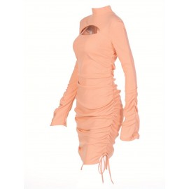 Women'S High Neck Long Sleeve Bodycon Mini Dress with Front Cutout and Side Ruching Drawstrings, Solid Color Soft Cotton Blend, Versatile & Seasonless