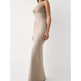 1pc Elegant Solid Color Slingback Evening Gown for Women - Off the Shoulder V-Neck Sleeveless Fitted Spaghetti Strap Long Dress - Woven Fabric for Spring/Summer/Fall