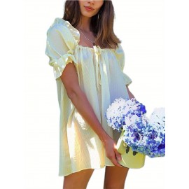 Womens Striped Babydoll Dress Loose Ruffle Trim Scoop Neck Puff Sleeve Backless Mini Dress for Daily Party Club