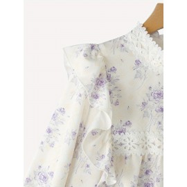 [Floral Lace Blouse] Plus Size, Women's Plus Size Blouse - Floral Lace Accent Shirt With Stand Collar - Lightweight Elegant Office & Party Top - Non-See-Through Formal & Casual Outfits - Machine Washable Women's Clothing By ZANZEA