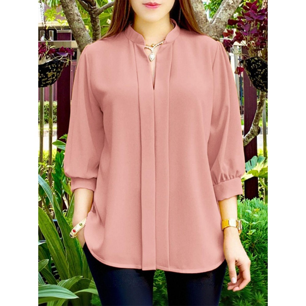 Plus Size - ZANZEA Women'S Elegant 3/4 Lantern Sleeve Stand Collar Blouse - Lightweight Non-Stretch Solid Color Casual Shirt with Button Front, All-match Leisure Top For Plus Size, Versatile Clothing