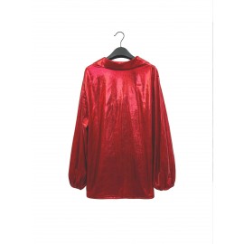 Plus Size Women's Elegant Party Blouse - Glossy Red Imitation PU Coated Fabric with Puff Sleeve & Asymmetric Draped Neckline, Hand Wash Only, All-Season Versatile for Formal Events & Casual Outings, Special Occasions, Chic Style, Sleek Texture, Statement Top, Stylish Women, Evening Wear, Highquality Finish, Fashion Top, Fashion Lovers