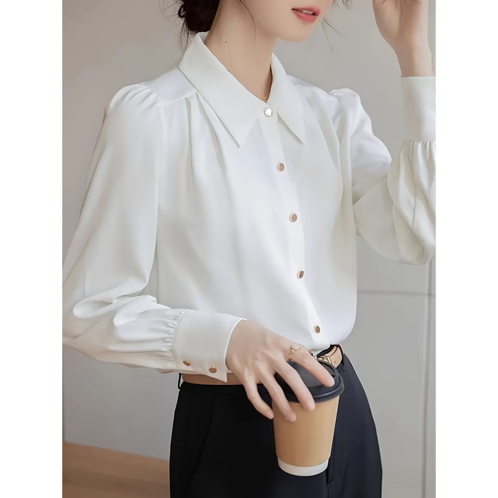 Plus Size, Women's Elegant Plus Size Long Sleeve Shirt - Classic Collar Button-Up Blouse with Golden Buttons, Solid Color Non-See-Through Fabric, Machine Washable All-Season Versatile Top for Casual & Professional Wear, Office Attire, Turndown Collar, Easy Care Material, Work Attire, Timeless Design, Durable Fabric, Fashionconscious Women