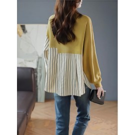 [Plus Size Women's Stylish] Plus Size Women's Stylish Fashionable Round Neck Spliced Striped Shirt Top | Button Up Long Sleeves Evening Tops Blouses High Quality