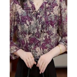 Plus Size - Elegant Floral Print Blouse with Tie-Neck Detail - Long Sleeve, Button-Up Shirt for Women, Black & White Swirl Design, Perfect for Casual or Formal Occasions, Versatile Fashion Piece | Tie Neck Blouse | Nonstretch Fabric