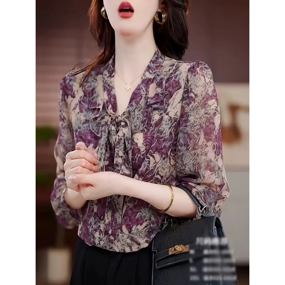 Plus Size - Elegant Floral Print Blouse with Tie-Neck Detail - Long Sleeve, Button-Up Shirt for Women, Black & White Swirl Design, Perfect for Casual or Formal Occasions, Versatile Fashion Piece | Tie Neck Blouse | Nonstretch Fabric