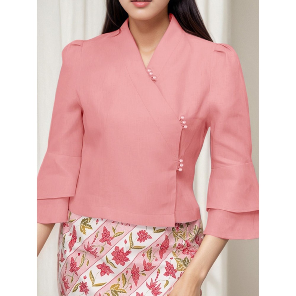 Plus Size, ZANZEA Women's Plus Size Elegant Blouse - 3/4 Length Ruffle Sleeve Office Shirt with Front Button Closure, Loose Fit All-Match White Collar Top, Machine Washable Workwear & Commuter Blouse for Professional Attire
