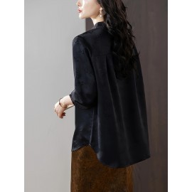 [Plus Size Retro Jacquard Shirt] Autumn New Retro Jacquard Plus Size Button-Up Shirt for Women | Loose Fit Long Sleeve Blouse with Stand Collar, Solid Color Casual Chic Top for Spring & Fall, Comfortable T-Shirt, Spring Fashion, Elegant Design, Durable Fabric, Stylish