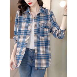Plus Size - Women'S Plus Size Oversized Plaid Flannel Shirt - Elegant Long Sleeve Button-Up with Checkered Pattern, Non-Stretch Fabric, Classic Collar, Versatile Fall/Winter Casual Top, Autumn Winter Apparel | Elegant Casualwear | Nonstretch Material