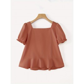 Plus Size - ZANZEA Women'S Plus Size Elegant Square Neck Blouse with Puff Sleeves & Tiered Ruffle Detail - Light Purple Solid Color, Non-Stretch Fabric, Perfect for Summer Commuting & Casual Outfits, Cute Blouse, Summer Fashion Top, Layered Ruffle Design, Nonstretch Fabric