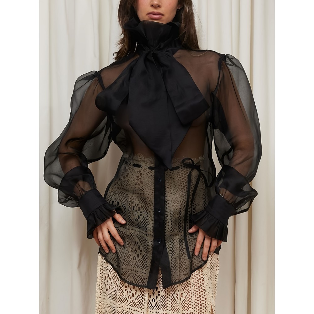 Plus Size Women's Elegant & Sexy Sheer Mesh Shirt with Bold Bow Detail - Choker Neck Long Sleeve Blouse, Semi-Transparent All-Season Top for Casual & Formal Wear, Formal Attire, Sophisticated Style, Nonstretch Fabric