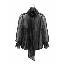 Plus Size Women's Elegant & Sexy Sheer Mesh Shirt with Bold Bow Detail - Choker Neck Long Sleeve Blouse, Semi-Transparent All-Season Top for Casual & Formal Wear, Formal Attire, Sophisticated Style, Nonstretch Fabric