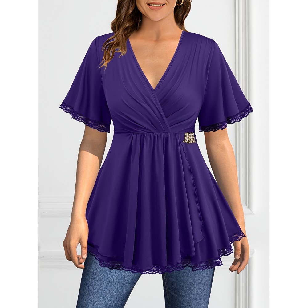 Plus Size, Plus Size Women's Elegant V-Neck Crossover Blouse with Lace Sleeves & Metallic Accents - Slim Fit Chic Top for Evening Outings, Machine Washable Spring/Summer/Fall Shirt, Formal Plus Size, Nontransparent Fabric, Party Wear, Breathable Material, Stylish Ladies