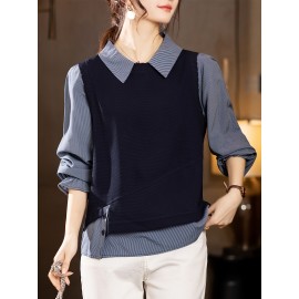 Plus Size, Women's Blouse - Non-Stretch Button-Front Shirt with Stand-Up Collar, Navy Blue Office to Casual Chic Tops for Everyday & Formal Events, Versatile Top, Layered Look, Structured Fabric, Stylish Top, Working Professionals