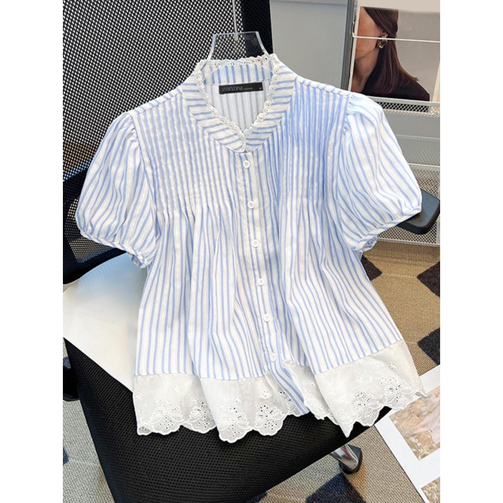 [ZANZEA Plus Size Blouse] Plus Size - ZANZEA Women's Plus Size Lightweight Elegant Blouse - Korean Style Striped & Lace Patchwork Stand Collar Puff Short Sleeve Single-Breasted Shirt, Breathable Summer Top for Office & Casual Outings, Versatile Clothing, Stylish Women