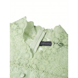 [Wedding & Party] Plus Size, ZANZEA Women's Plus Size Elegant Lace Patchwork Blouse - 3/4 Sleeve Wedding & Party Shirt with Front Button Closure, /Korean Inspired A-Line Lightweight Top, Machine Washable Golden Lace Jacket-like Blouse for Year-Round