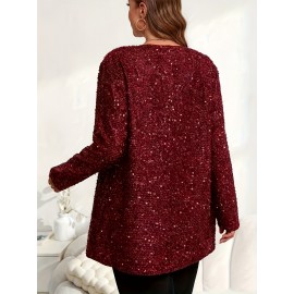 Plus Size, Women's Elegant Sparkling Sequin Jacket - Sequin-Encrusted Collar & Cuff, Structured Blazer Coat for Parties, Weddings, Prom - Shiny Blazer Outerwear (Hand Wash/Dry Clean) - Spring/Fall Formal Attire