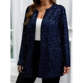 Plus Size, Women's Elegant Sparkling Sequin Jacket - Sequin-Encrusted Collar & Cuff, Structured Blazer Coat for Parties, Weddings, Prom - Shiny Blazer Outerwear (Hand Wash/Dry Clean) - Spring/Fall Formal Attire