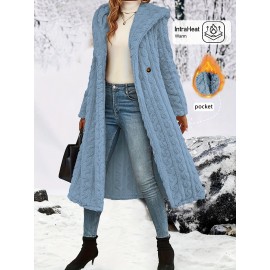 Plus Size - Women'S Plush Fleece Coat - Elegant Hooded Winter Jacket with Double-Breasted Front Closure, Soft Plush Collar & Full-Length Zipper
