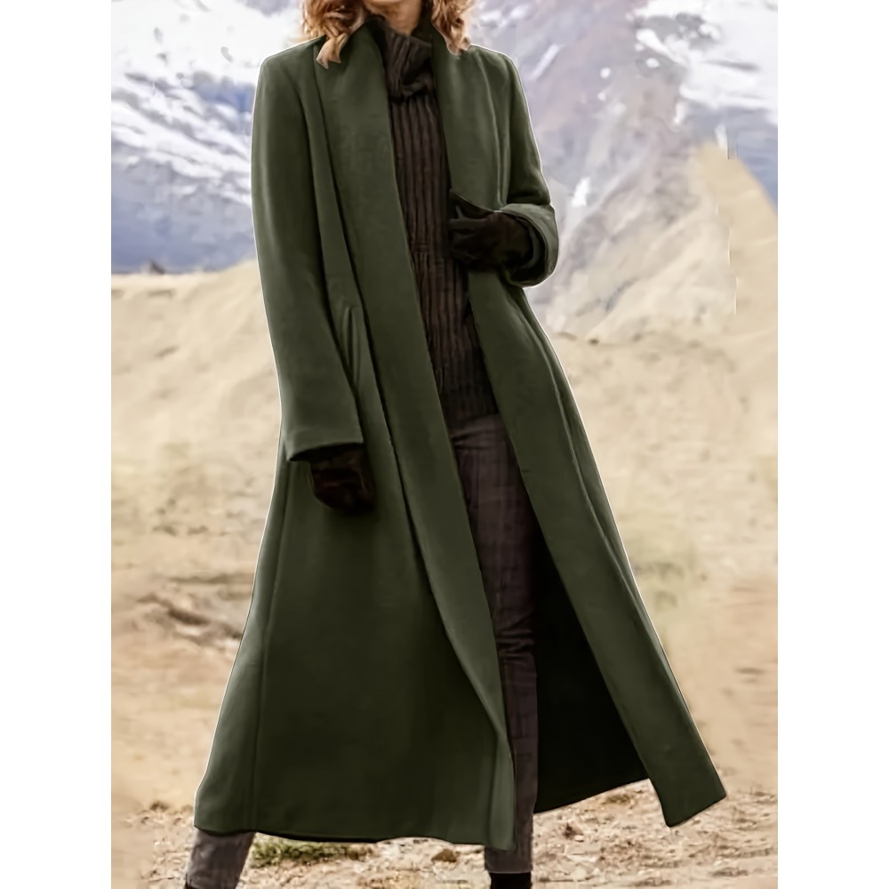 Women'S Plus Size Long Trench Coat - Casual Lapel Collar, Solid Color, Non-Stretch Fabric, Ideal for Spring/Fall, Winter Outerwear|Casual Style|Nonstretch Material