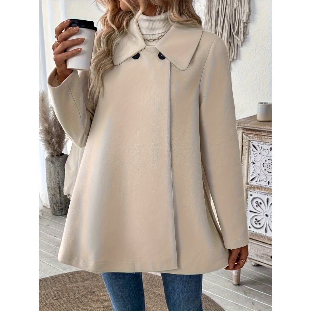 Plus Size, Women's Elegant Beige Coat - Long Sleeve Double Button Blazer, Structured Non-Stretch Jacket for Office, Formal Events & Everyday - Machine Washable Women's Outerwear, Casual Chic Apparel, Turndown Collar, Classic Tailoring