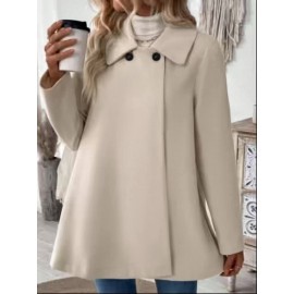 Plus Size, Women's Elegant Beige Coat - Long Sleeve Double Button Blazer, Structured Non-Stretch Jacket for Office, Formal Events & Everyday - Machine Washable Women's Outerwear, Casual Chic Apparel, Turndown Collar, Classic Tailoring