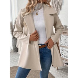 Plus Size, Women's Elegant Beige Coat - Long Sleeve Double Button Blazer, Structured Non-Stretch Jacket for Office, Formal Events & Everyday - Machine Washable Women's Outerwear, Casual Chic Apparel, Turndown Collar, Classic Tailoring