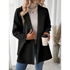 Plus Size, Women's Elegant Beige Coat - Long Sleeve Double Button Blazer, Structured Non-Stretch Jacket for Office, Formal Events & Everyday - Machine Washable Women's Outerwear, Casual Chic Apparel, Turndown Collar, Classic Tailoring