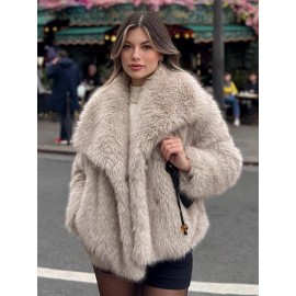 Women's Plus Size Elegant Faux Fur Coat - Plush Winter Jacket with Oversized Lapel Collar, Hand Washable Solid Color Outerwear for Fall & Winter, Ladies Winter Coats, Cold Weather Wear, Sophisticated Style, Soft Texture, Fashion Lovers, Seasonal Fashion, Cozy Texture, Fashionconscious Women