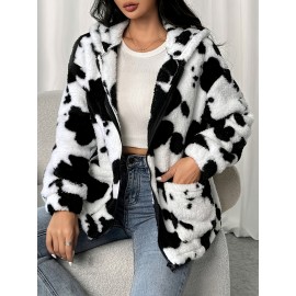 Plus-Size Women's Clothing | Cow Print Hooded Jacket | Black and White Printed Faux  Jacket with Pockets | Warm Autumn and Winter Jacket | Machine Washable | Elegant and Stylish Cow Print Jacket | Ideal for Casual Casual Attire