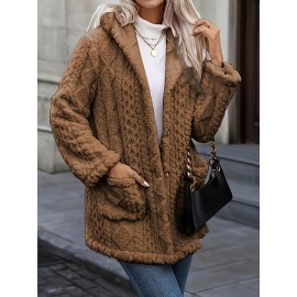 Plus Size - Plus Size, Women'S Plus Size Elegant Hooded Coat - Winter Outerwear with Luxurious Fur-like Appearance, Warm Thickened Jacket for Cold Weather, Cozy Formal & Everyday Outfits - Easy-Care Fashion Outerwear, Ladies Winter Coats, Cold Weather Apparel, Durable Warm Fabric