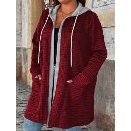 Plus Size - European And American Autumn And Winter Fashion Elegant Faux Two-Piece Cardigan with Pockets And Drawstring Hood, Long Plus-Size Women'S Coat.