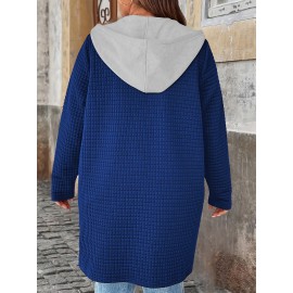 Plus Size - European And American Autumn And Winter Fashion Elegant Faux Two-Piece Cardigan with Pockets And Drawstring Hood, Long Plus-Size Women'S Coat.