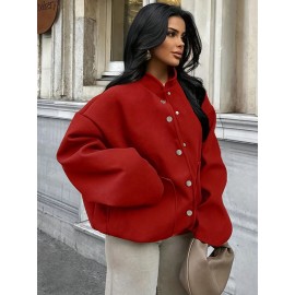 Plus Size, Women's Oversized Brown Jacket - Plus Size Casual Collar Coat with White Button Closure, Dropped Shoulder H-Line Silhouette & Chest Pocket - All-Season Outerwear for, Date, Everyday (Machine Washable) - Elegant Brown Blazer