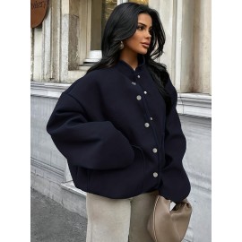 Plus Size, Women's Oversized Brown Jacket - Plus Size Casual Collar Coat with White Button Closure, Dropped Shoulder H-Line Silhouette & Chest Pocket - All-Season Outerwear for, Date, Everyday (Machine Washable) - Elegant Brown Blazer