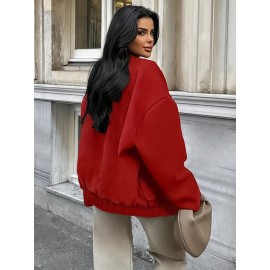 Plus Size, Women's Oversized Brown Jacket - Plus Size Casual Collar Coat with White Button Closure, Dropped Shoulder H-Line Silhouette & Chest Pocket - All-Season Outerwear for, Date, Everyday (Machine Washable) - Elegant Brown Blazer