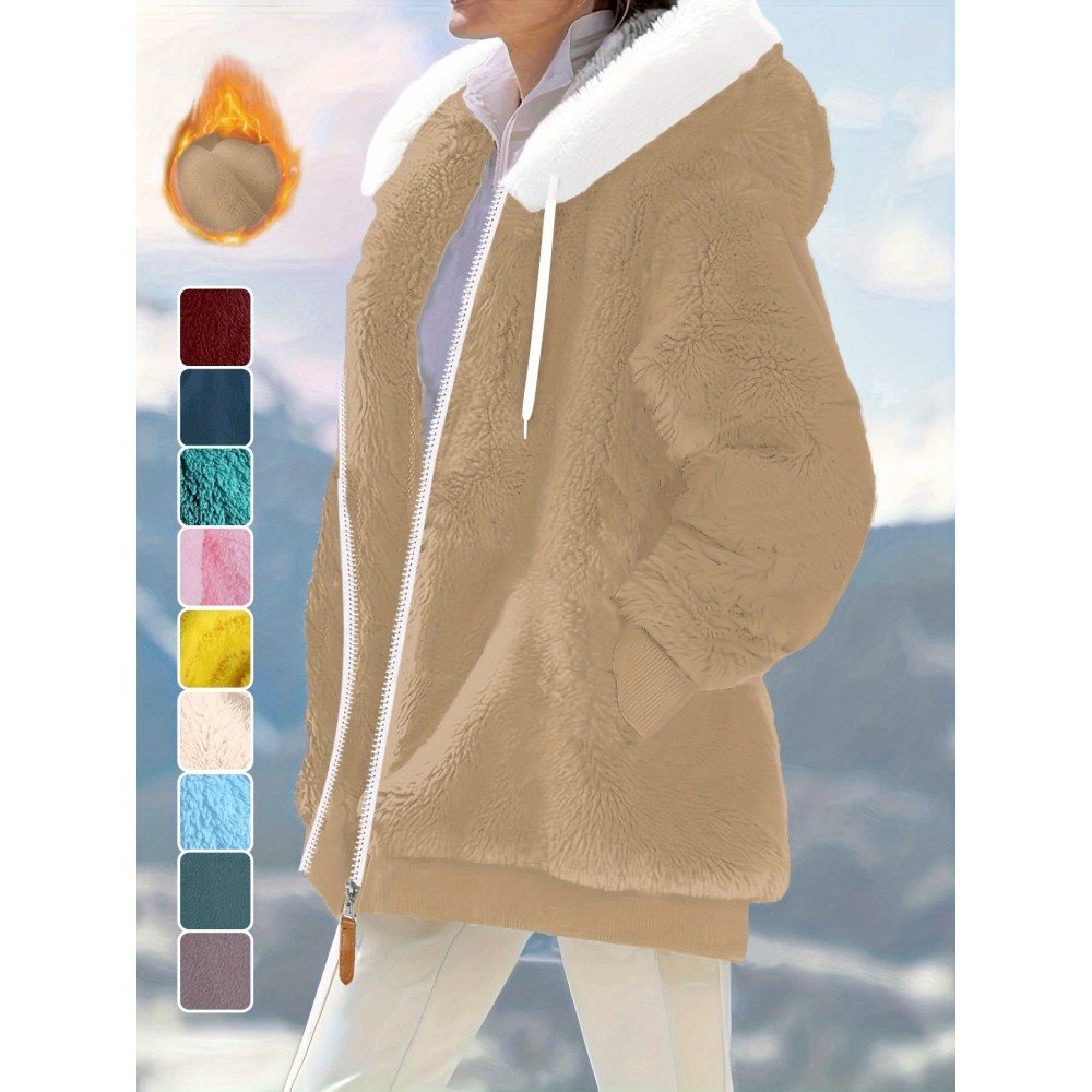 Plus Size - Women'S Cozy Fleece-Lined Hooded Jacket - Oversized Zip-Up with Drawstring, White, All-Season Comfort, Casual Style, Casual Winter Wear | Oversized Hooded Jacket | Zippered Hoodie, Winter Hoodie