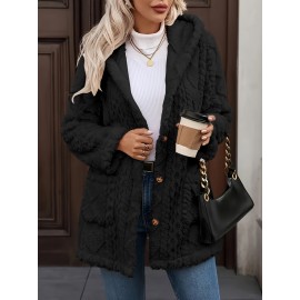 Plus Size, Women's Teddy Bear Plush Winter Coat - Elegant Hooded Jacket with Plush, Front Pockets & Button Closure, Beige/Black Mid-Length Outerwear for Fall/Winter, Machine Washable Cold Weather Blazer, Mature Style for Parties & Daily Wear