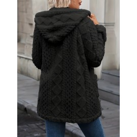 Plus Size, Women's Teddy Bear Plush Winter Coat - Elegant Hooded Jacket with Plush, Front Pockets & Button Closure, Beige/Black Mid-Length Outerwear for Fall/Winter, Machine Washable Cold Weather Blazer, Mature Style for Parties & Daily Wear
