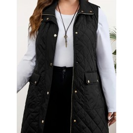 Women'S Casual Quilted Mid-Length Vest with Front Pockets - Soft Polyester, Button-Up, Loose Fit for Casual Attire, Versatile Layering Piece | Buttonfront Vest | Functional Pocket