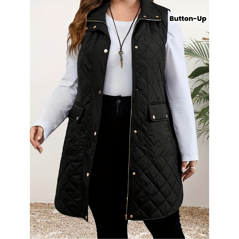 Women'S Casual Quilted Mid-Length Vest with Front Pockets - Soft Polyester, Button-Up, Loose Fit for Casual Attire, Versatile Layering Piece | Buttonfront Vest | Functional Pocket