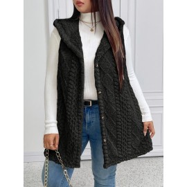 Plus Size - Women'S Plus Size Fuzzy Jacquard Hooded Vest Jacket - Thick Warm Winter Coat with Single-Breasted Button Front, Sleeveless Mid-length Solid Color Elegant Outerwear For Fall & Winter