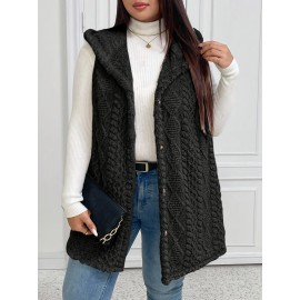 Plus Size - Women'S Plus Size Fuzzy Jacquard Hooded Vest Jacket - Thick Warm Winter Coat with Single-Breasted Button Front, Sleeveless Mid-length Solid Color Elegant Outerwear For Fall & Winter