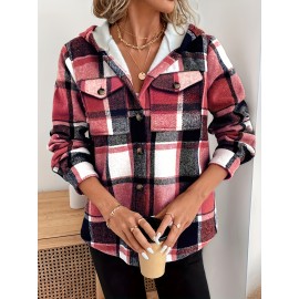 Plus Size, Women's Plus Size Plaid Jacket Winter Warm Corduroy-Like Lining Hooded Coat with Burgundy/Navy/Black/White Tartan, Zipper Closure & Pockets - Elegant Casual Outerwear (Maroon Collar) for Fall/Winter, Machine Washable