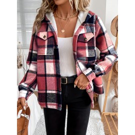 Plus Size, Women's Plus Size Plaid Jacket Winter Warm Corduroy-Like Lining Hooded Coat with Burgundy/Navy/Black/White Tartan, Zipper Closure & Pockets - Elegant Casual Outerwear (Maroon Collar) for Fall/Winter, Machine Washable