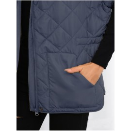Plus Size, Women's High Quality Zip-Up Quilted Vest with High Stand Collar & Gatherable Waist - Wide-Cut Winter Coat, Full-Zip Front Closure, Machine Washable Outerwear for Casual & Formal Outfits (Solid Color, Green/Black/Navy/White) - Versatile Layering Piece, Relaxed Fit with Split Hem Design, High Quality Material for Wet Weather, Stylish and Functional Outerwear, Plus Size Fall Clothes