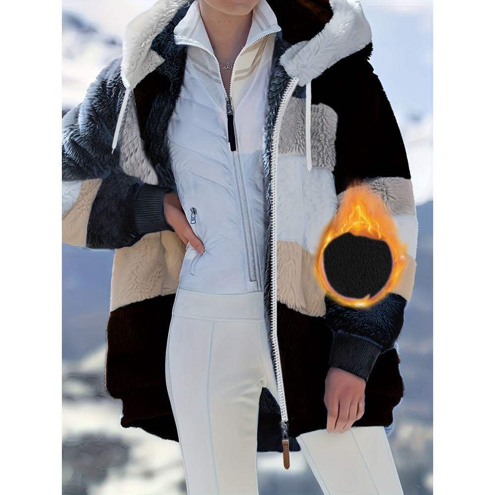 Plus Size Striped Fuzzy Hooded Coat - Soft, Warm, and Cozy Long Sleeve Zipper Coat for Fall and Winter - Women's Casual Outerwear for Cold Weather