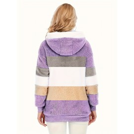 Plus Size Striped Fuzzy Hooded Coat - Soft, Warm, and Cozy Long Sleeve Zipper Coat for Fall and Winter - Women's Casual Outerwear for Cold Weather